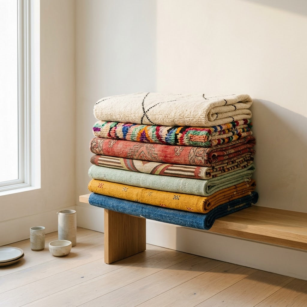 Stack of folded handwoven Moroccan rugs in different styles and colors on an oak bench
