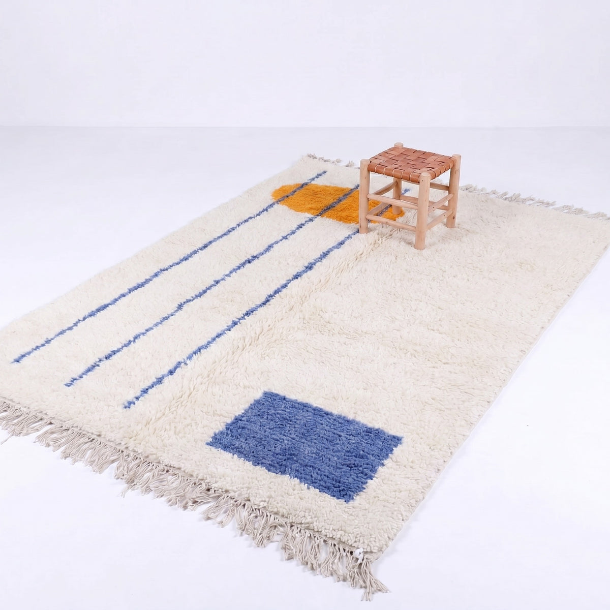 Abstract Orange Sun & Blue Beni Ourain Rug - handwoven Moroccan rug