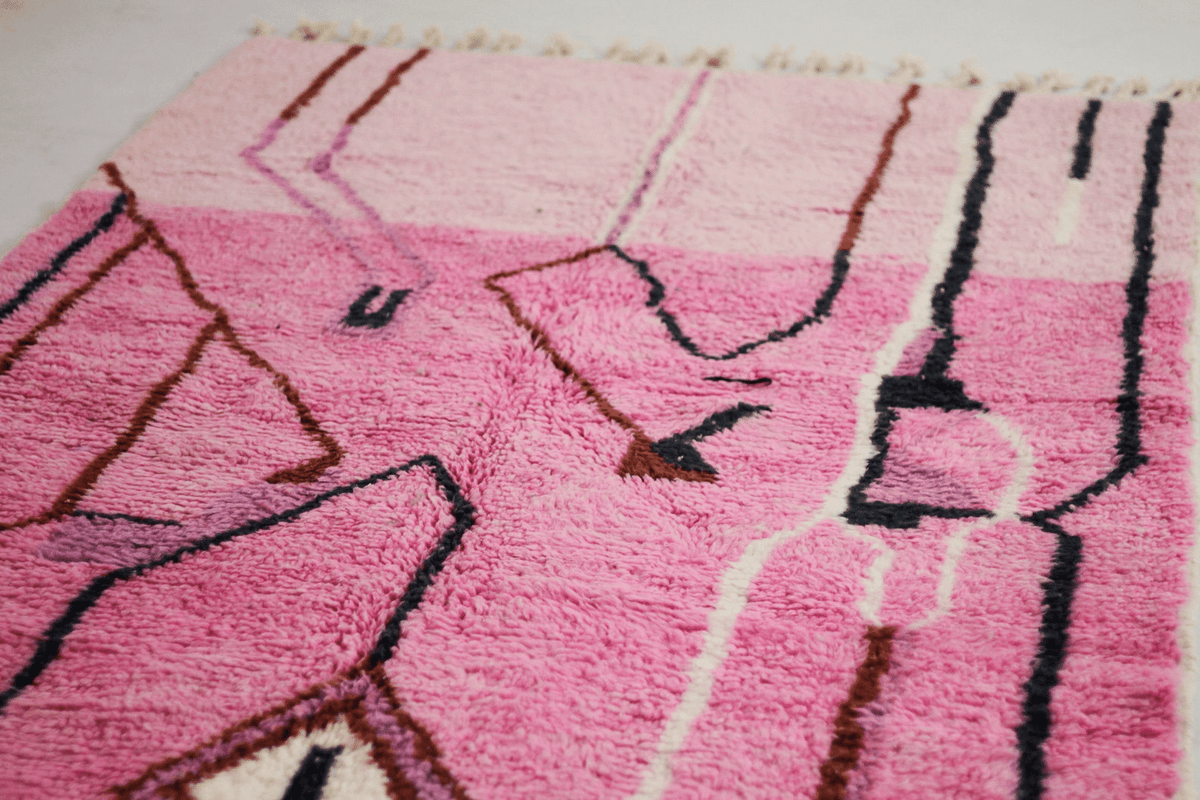 Abstract Mustard, Pink & Cobalt Beni Ourain Rug - handwoven Moroccan rug