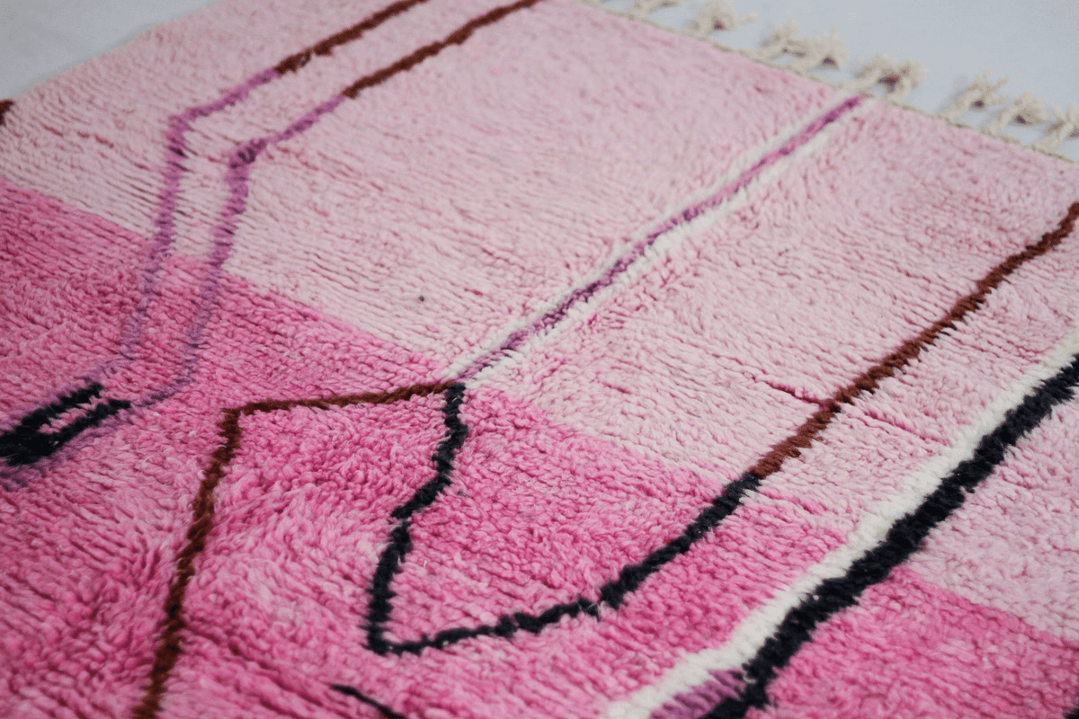 Abstract Mustard, Pink & Cobalt Beni Ourain Rug - handwoven Moroccan rug