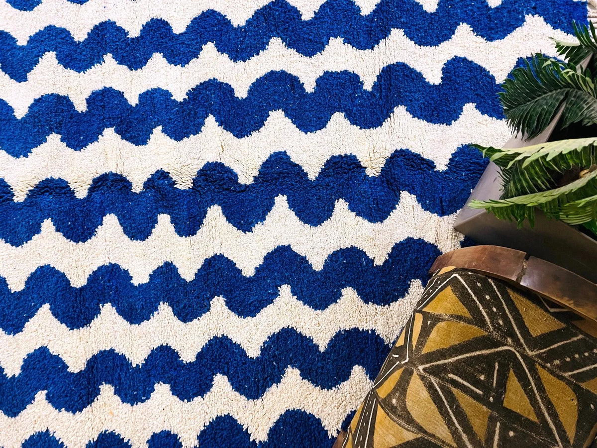 Bold Cobalt Blue Zigzag Beni Ourain Rug