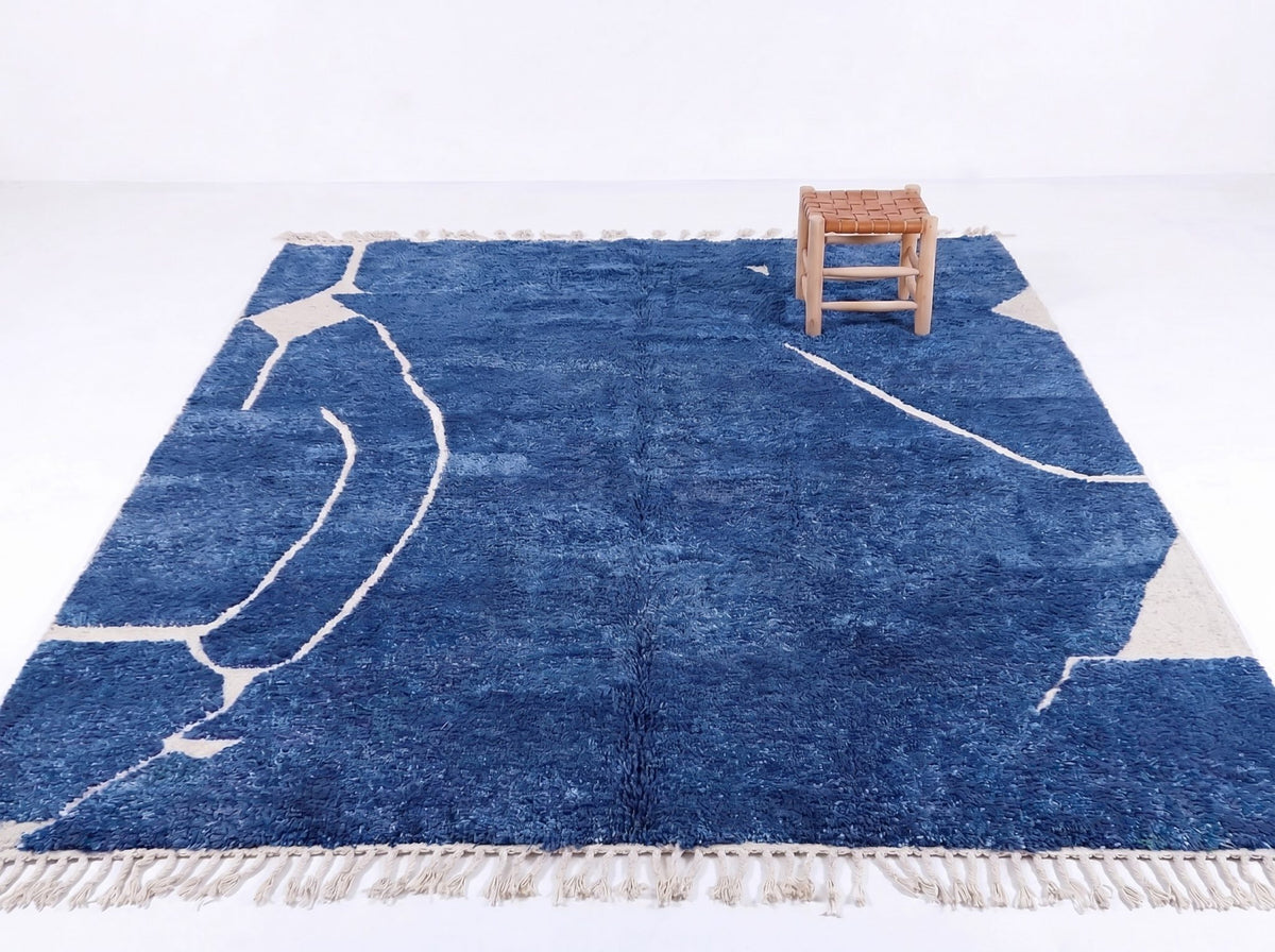 Deep Blue Abstract Line Art Beni Ourain Rug - handwoven Moroccan rug