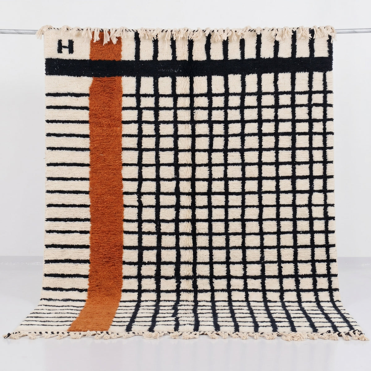 Modern Black Grid Rust Orange Beni Ourain Rug - handwoven Moroccan rug