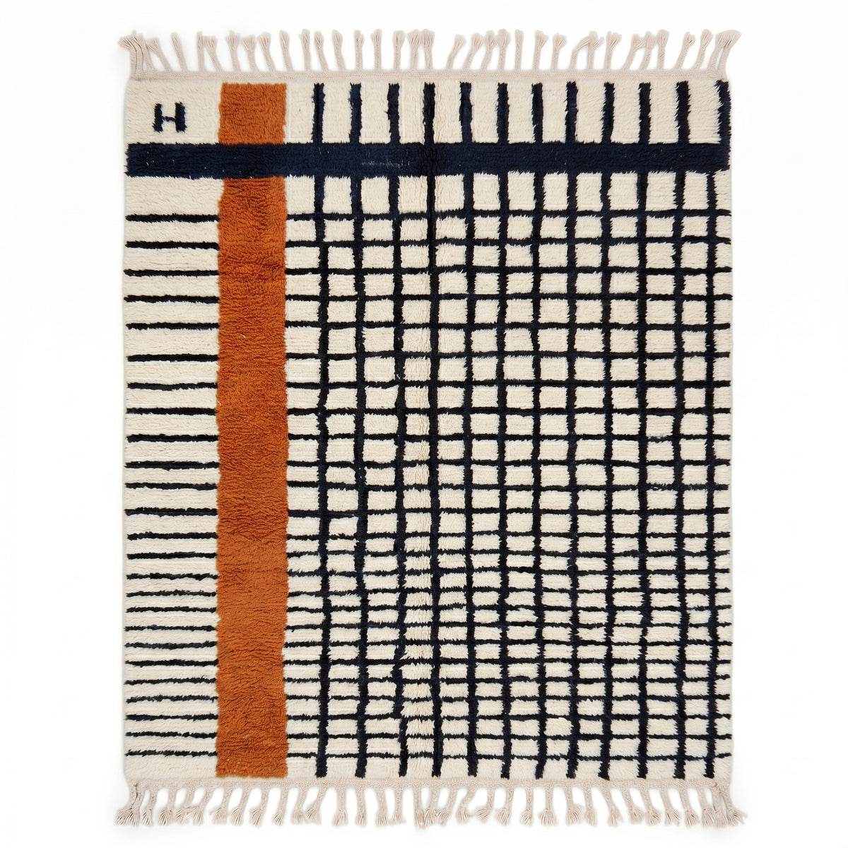 Modern Black Grid Rust Orange Beni Ourain Rug