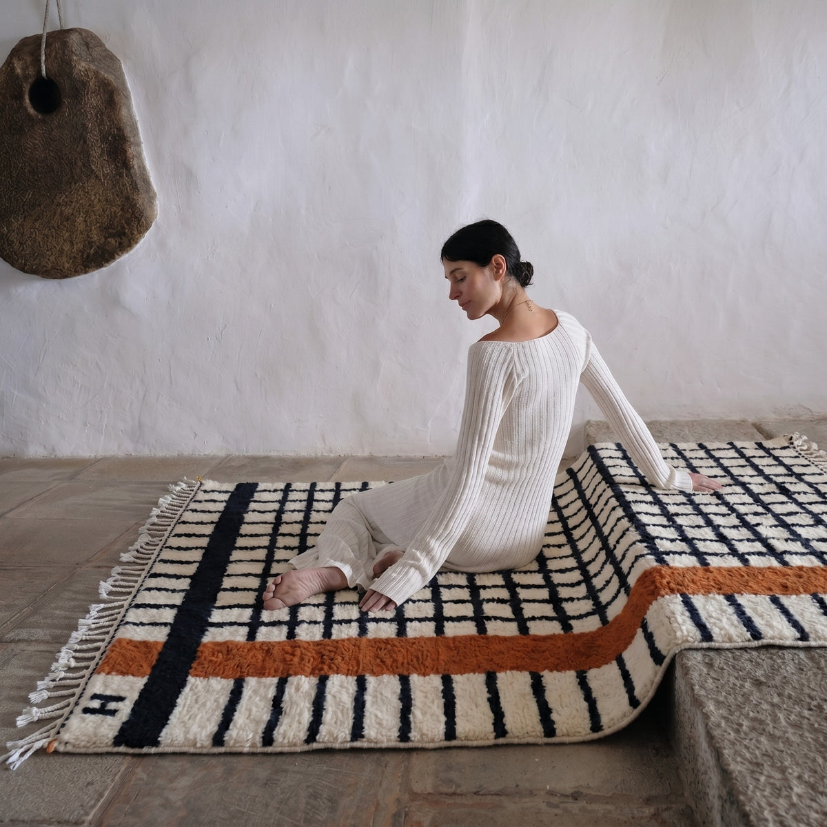 Modern Black Grid Rust Orange Beni Ourain Rug - handwoven Moroccan rug