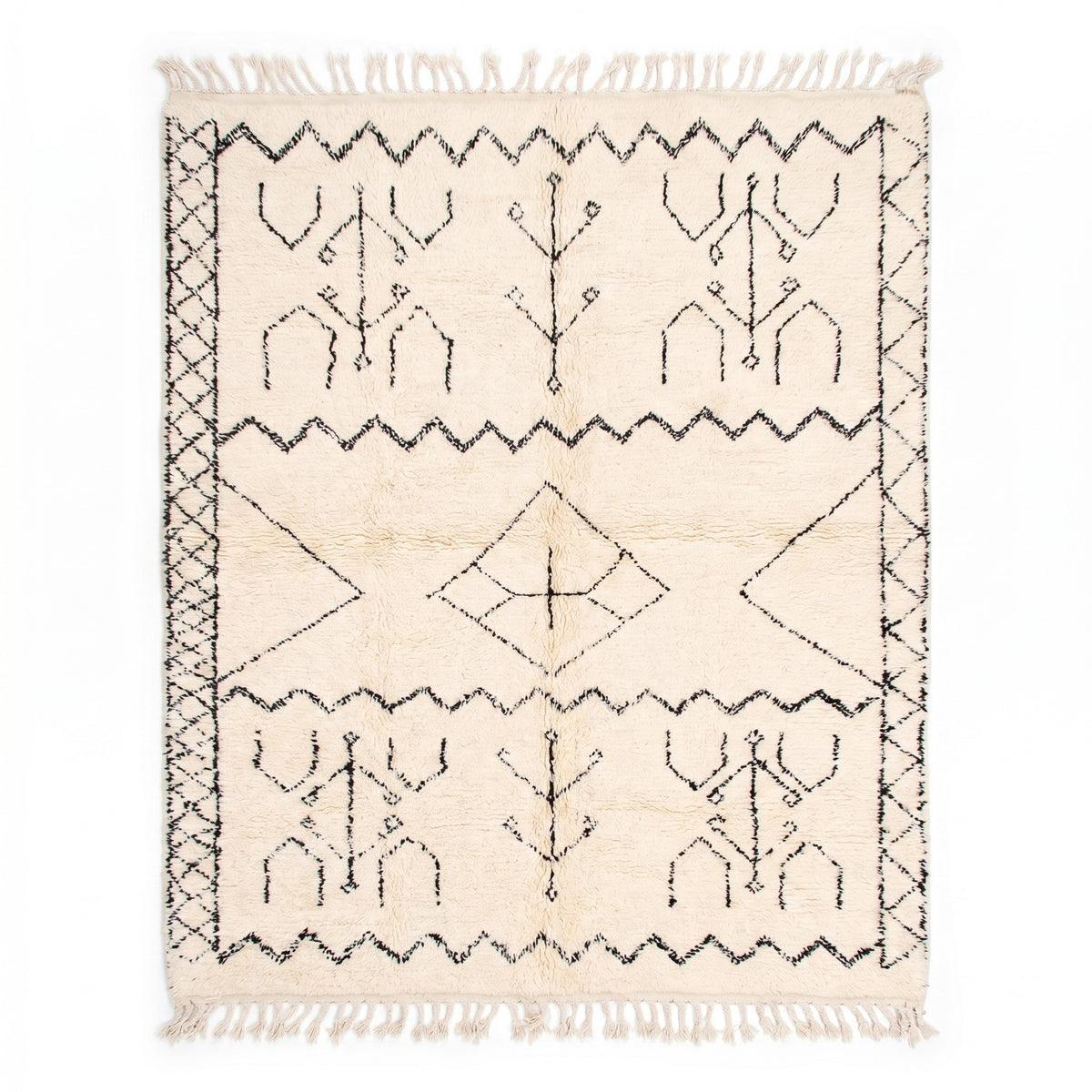 Cream & Black Tribal Wool Beni Ourain Rug