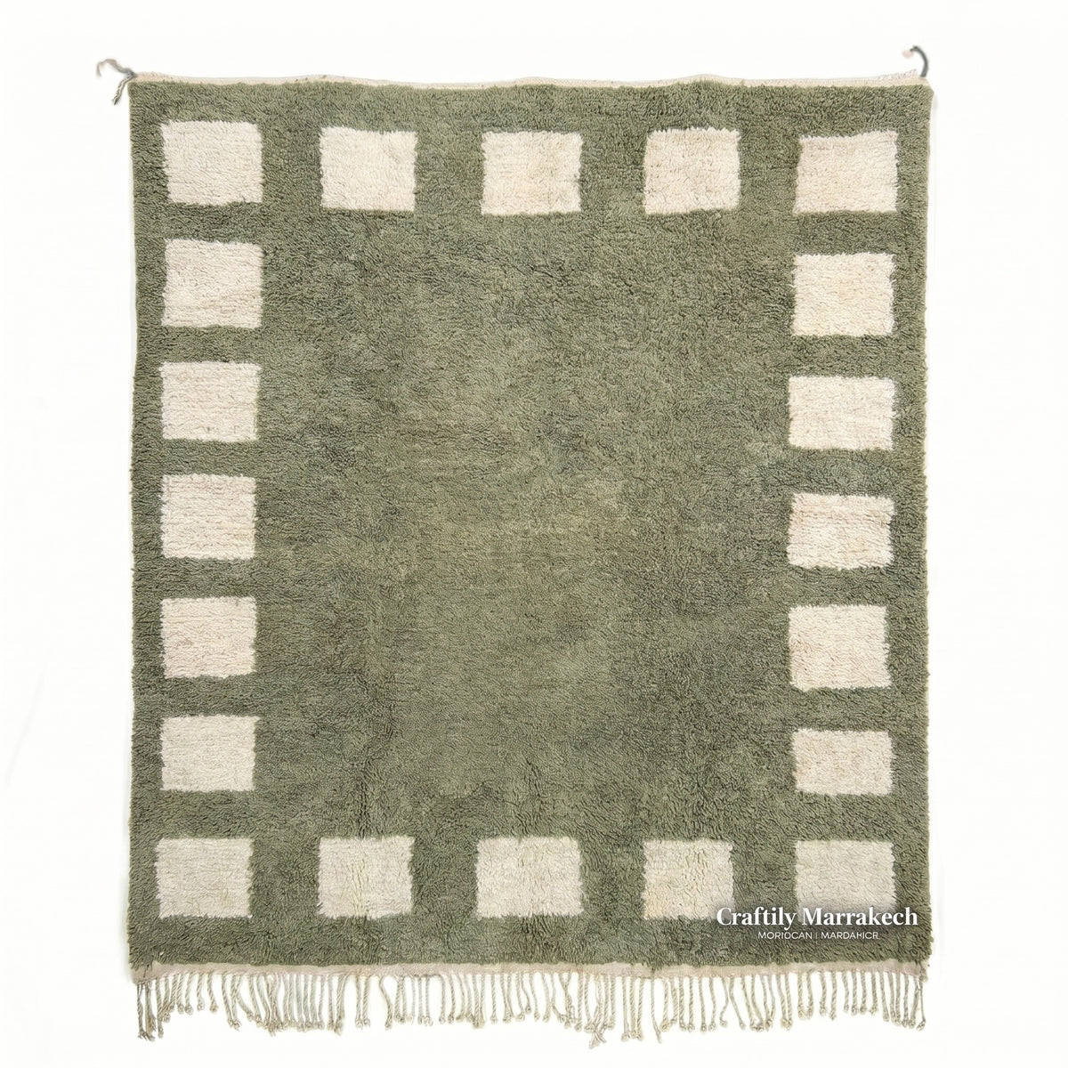 Green Cream Geometric Border Beni Ourain Rug