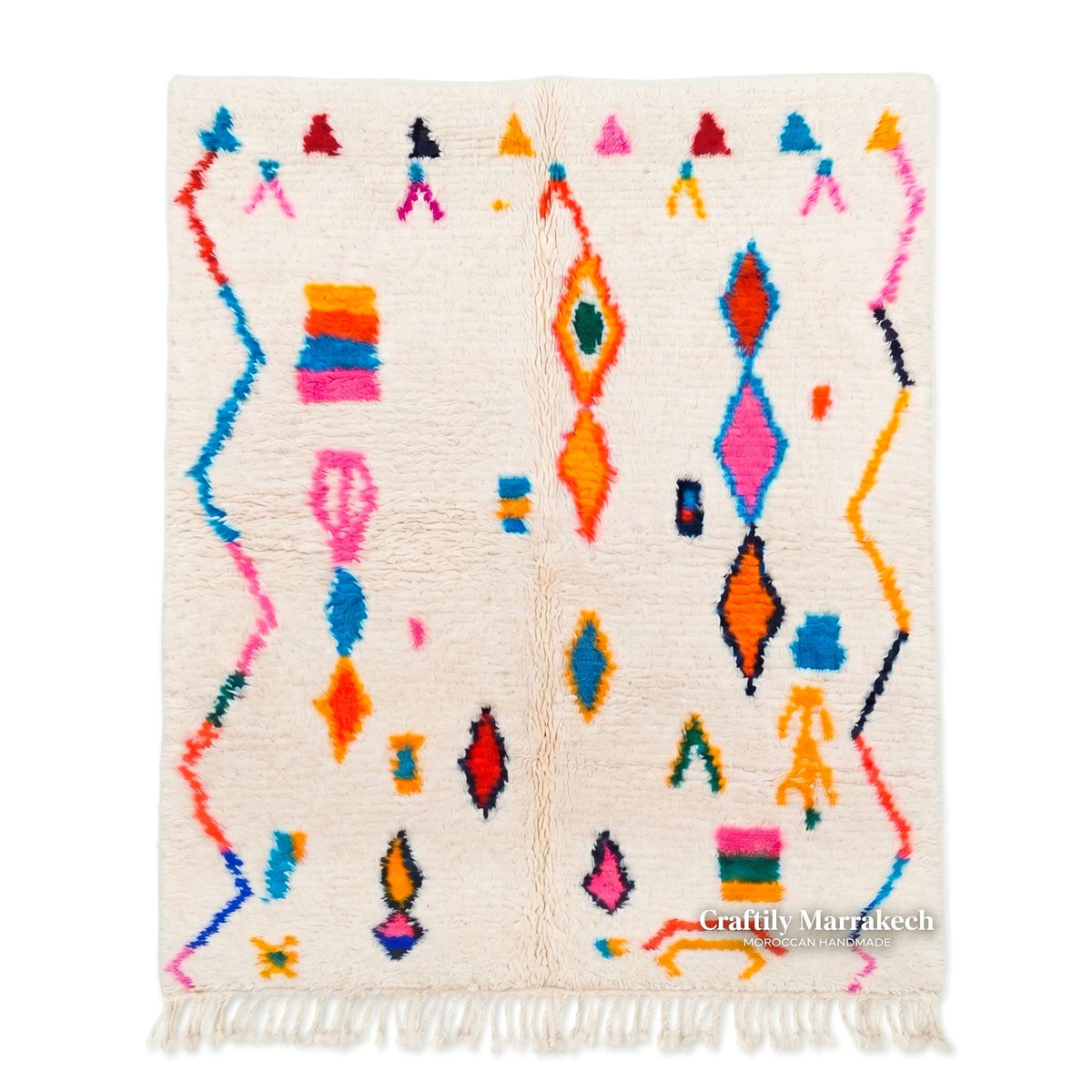 Vibrant Zigzag & Diamond Motif Beni Ourain Rug - handwoven Moroccan rug