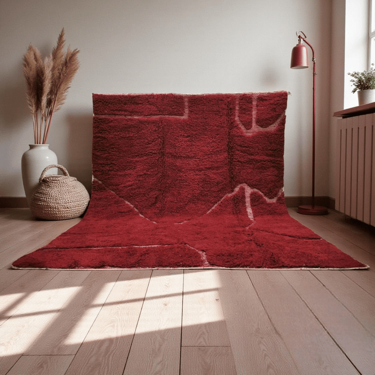 Deep Crimson with Abstract Line Beni Ourain Rug - handwoven Moroccan rug