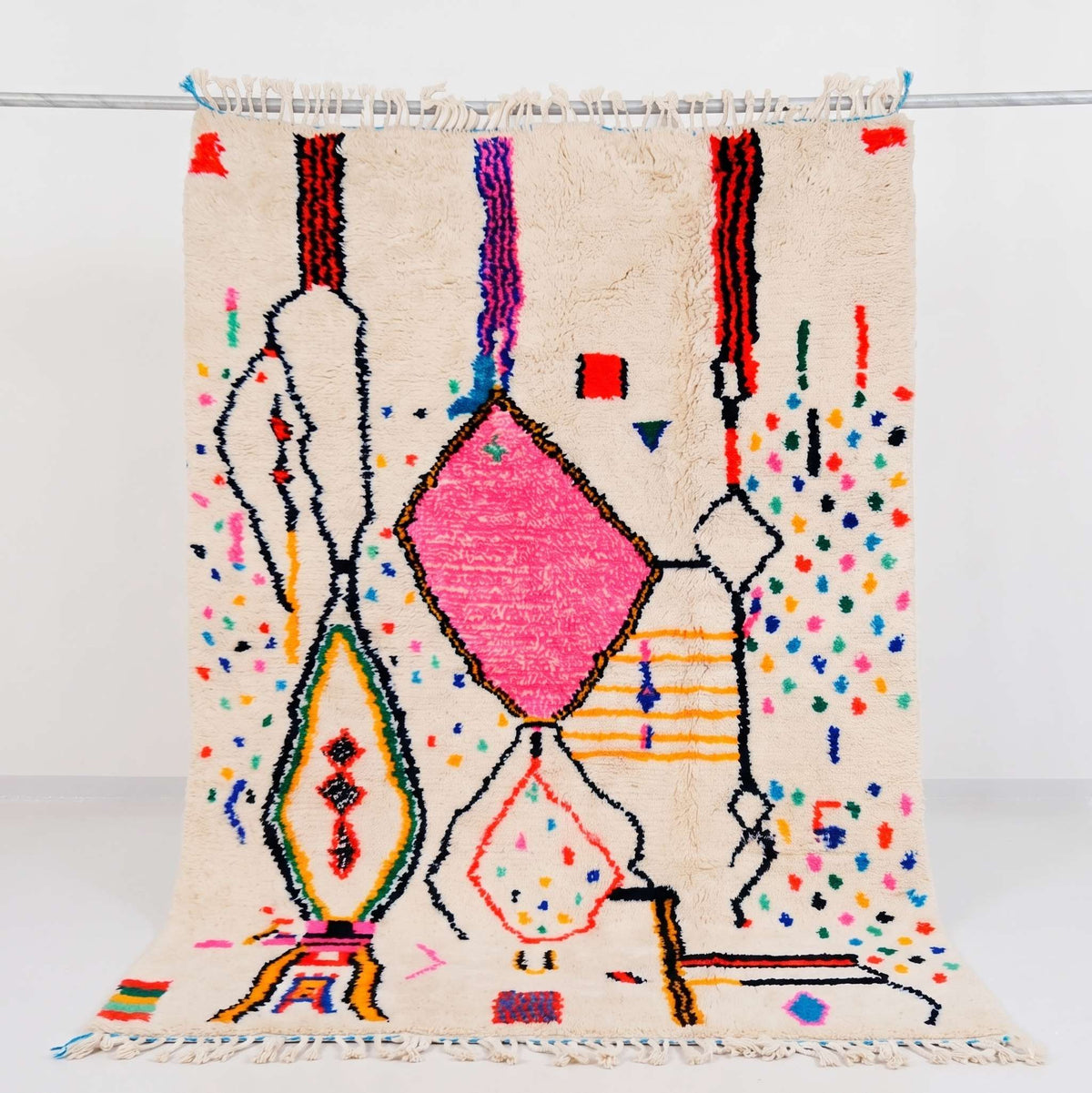 Abstract Linear Art & Pink Beni Ourain Rug - handwoven Moroccan rug