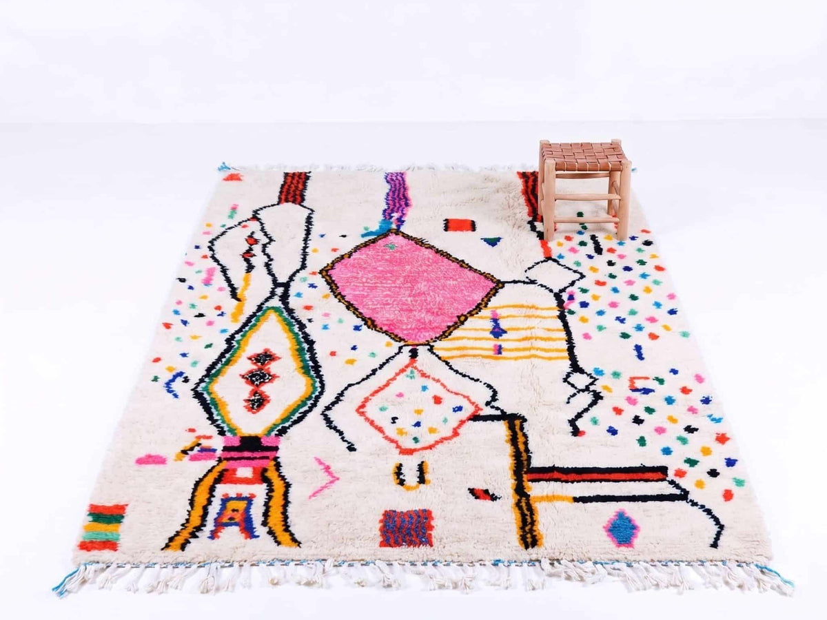 Abstract Linear Art & Pink Beni Ourain Rug - handwoven Moroccan rug