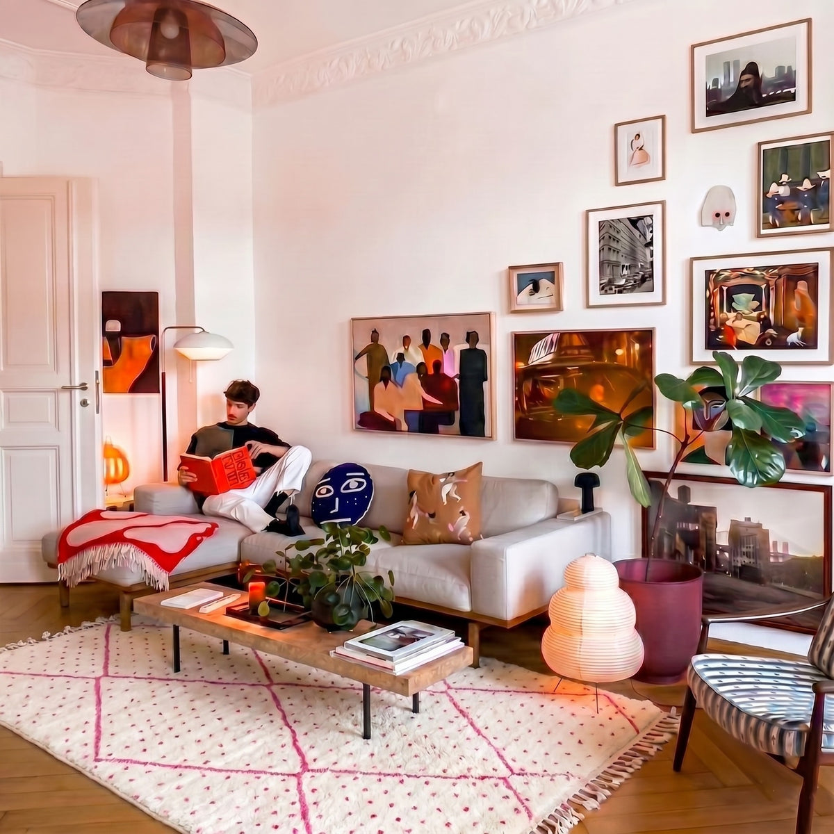 Pink Geometric Diamond Grid & Beni Ourain Rug - handwoven Moroccan rug