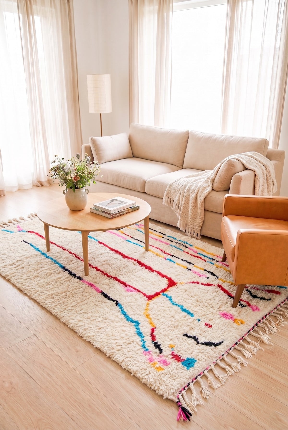 Vibrant Abstract Linear Beni Ourain Rug - handwoven Moroccan rug